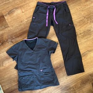 Dark gray Med Couture scrub set. Purple details..